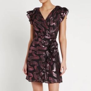 Rebecca Taylor Silk Lurex Metallic Jacquard Ruffle Cocktail Party Dress Sz 0 XS